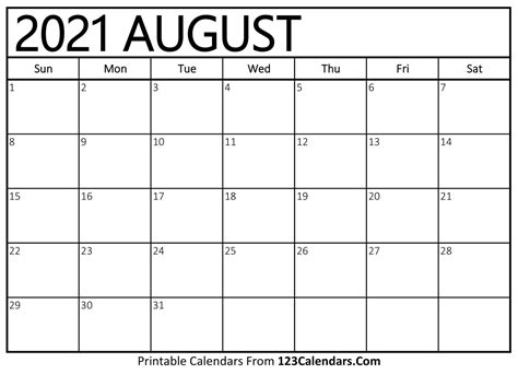 Printable August 2021 Calendar Templates