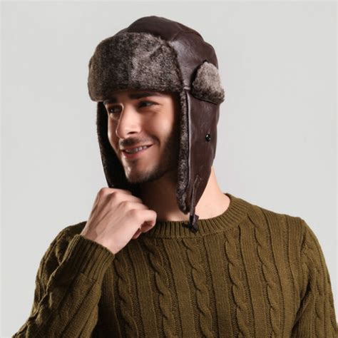 Mens Faux Leather Fur Trapper Hat Cap Russian Ushanka Cossack Winter