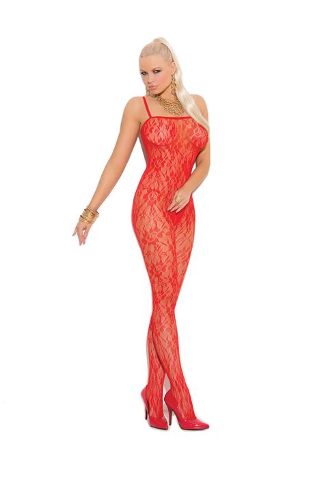 Elegant Moments Womens Rose Lace Bodystocking With Open Crotch