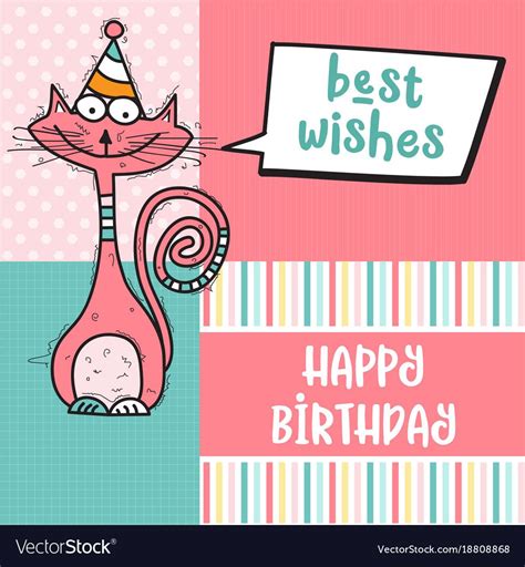 Happy Birthday Card With Funny Doodle Cat Vector Image On Funny