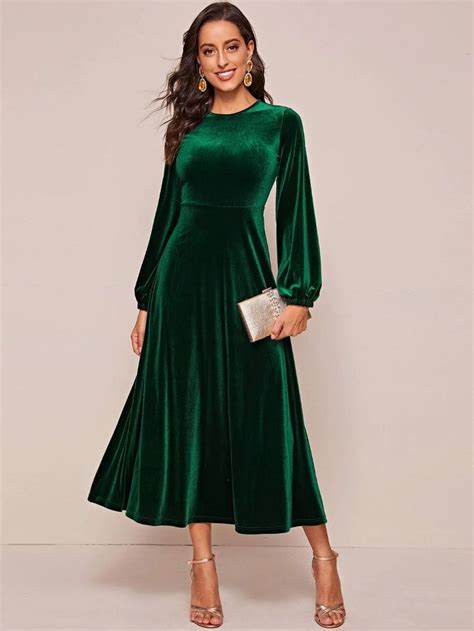 Shein Lantern Sleeve Zip Back Solid Velvet Dress Long Sleeve Velvet Dress Velvet Clothes