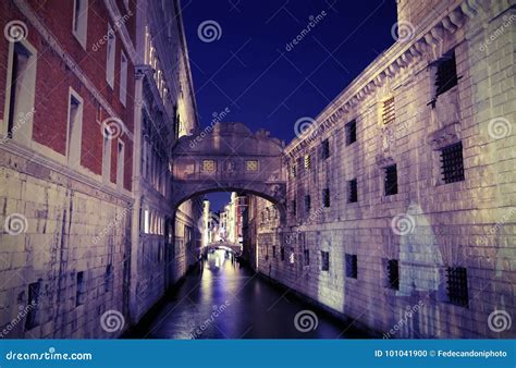 Venice Bridge Of Sighs At Night Using Long Exposure Stock Photo Image