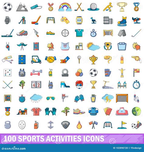 100 Sports Activities Icons Set Cartoon Style Stock Vector
