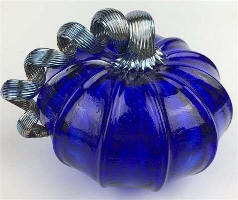 Art Glass Pumpkin Cobalt Blue Iridescent Stem Signed On Bottom Glass