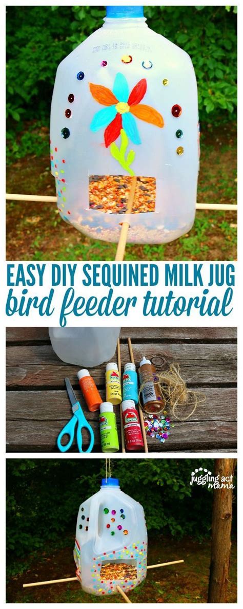 Sequined Milk Jug Bird Feeder Bird Feeders Diy Kids Milk Jug Crafts