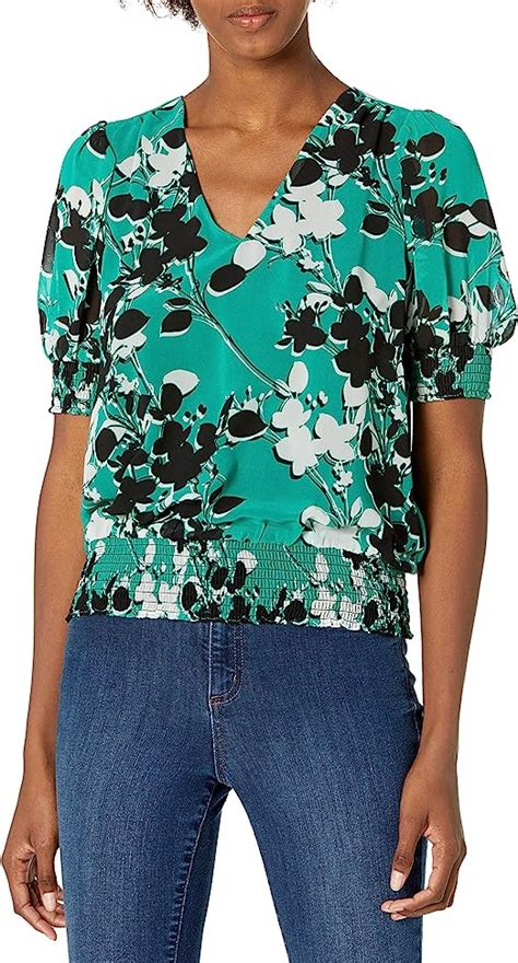 Calvin Klein Womens Printed Short Sleeve V Neck Blouse With Smocking