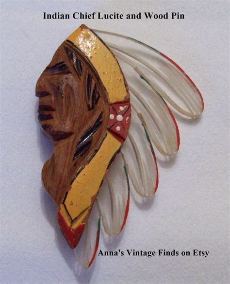 Reserved For Deana Carved Lucite And Wood Indian Chief Pin Etsy Indian Chief Carving