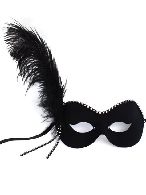 Womens Elegant Black And Diamante Feather Masquerade Mask