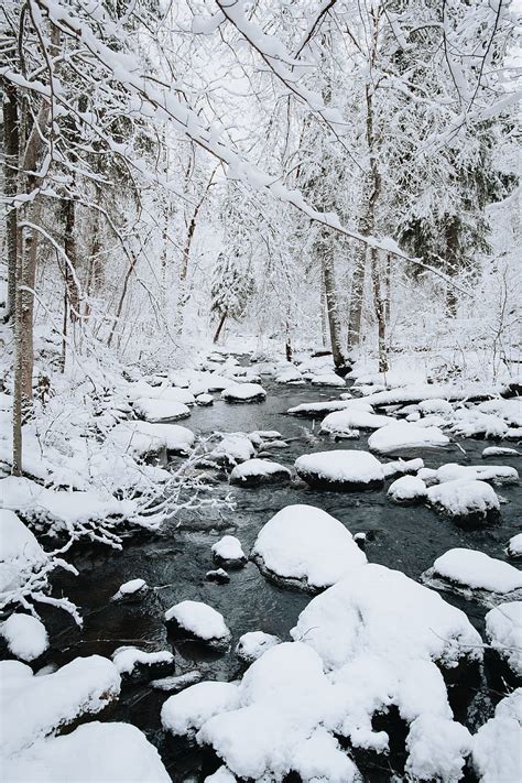 River Snow Trees Stones Winter Nature Hd Phone Wallpaper Peakpx