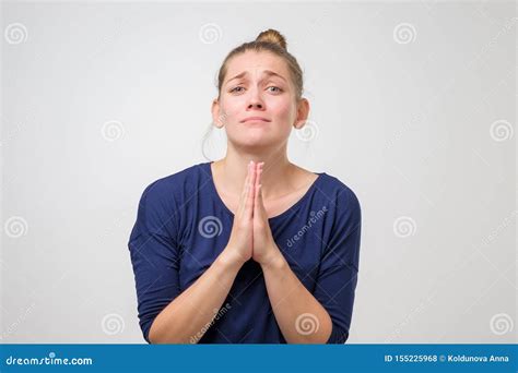 Woman Pressing Palms Together Begging Pray For Help Stock Photo Image