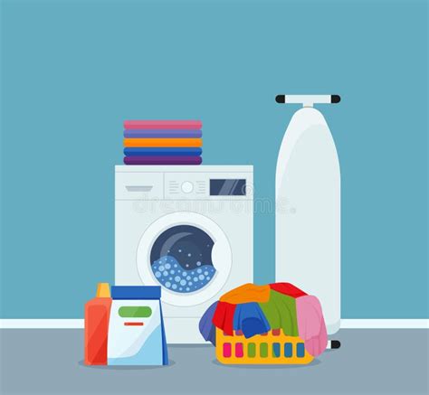 Laundry Room Interior With Washing Machine Ironer Iron Clothes And Cleaning Products Stock