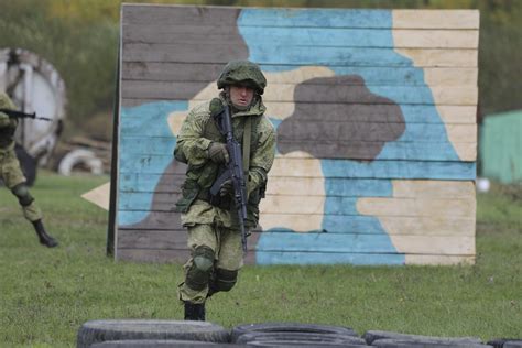 Russian Soldier In Ratnik Outfit With Ak 74m On The Obstacle Course