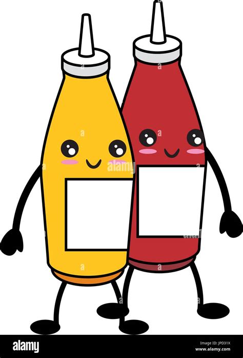 Kawaii Sauce Bottles Icon Over White Background Vector Illustration