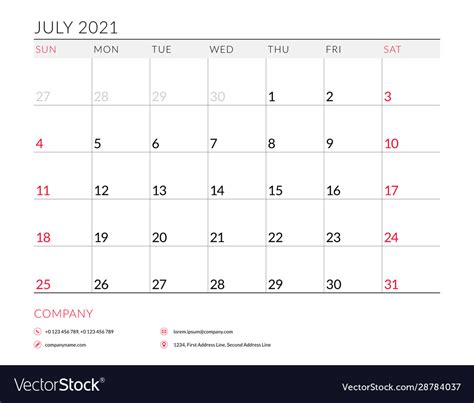 July 2021 Monthly Calendar Planner Printable Vector Image