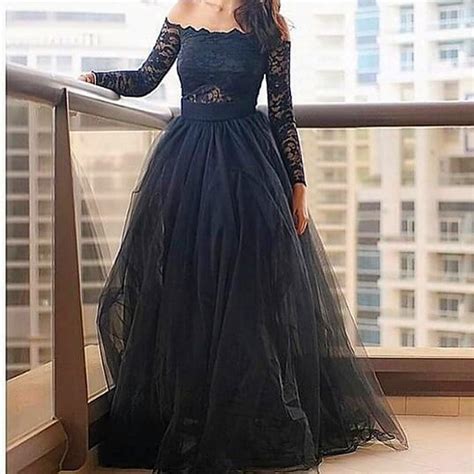Tulle Black Evening Long Dresses Lace Long Sleeve Off