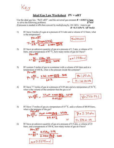 Ideal Gas Law Worksheet Answer Ideal Gas Law Worksheet Pv Nrt Use The Ideal Gas Law Studocu