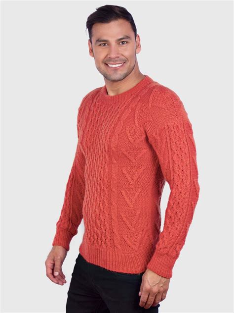 Hand Knit Warm Orange Aran Alpaca Sweater For Men Inti Alpaca