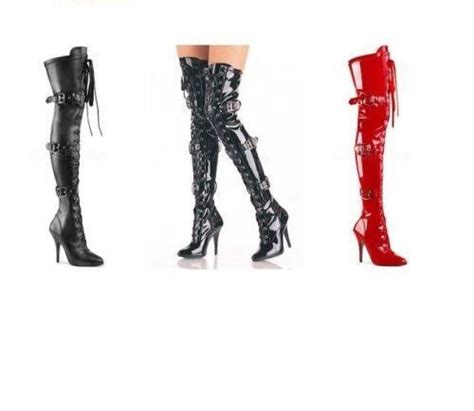 High Heel Stiletto Thigh Boots Stretch 5 Buckle Lace Fetish Pleaser