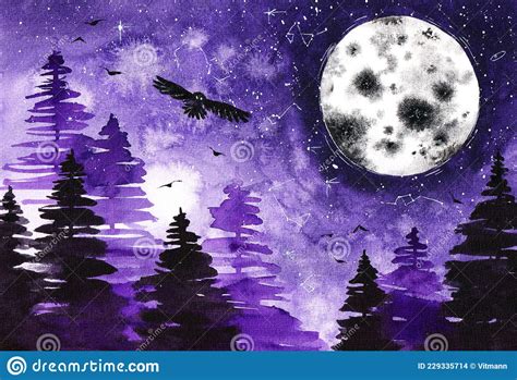 Original Moon Owl Forest Watercolor Painting At The Paper Artistic