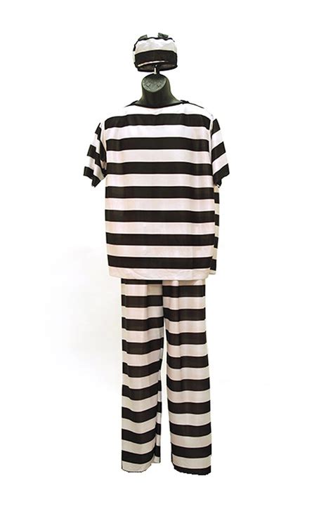 Jailbird Costume Classic Prison Jumpsuit Hat Striped Convict Inmate