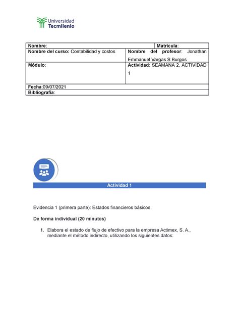 Actividad 2 Conta Y Costos Nombre Matrícula Nombre Del Curso