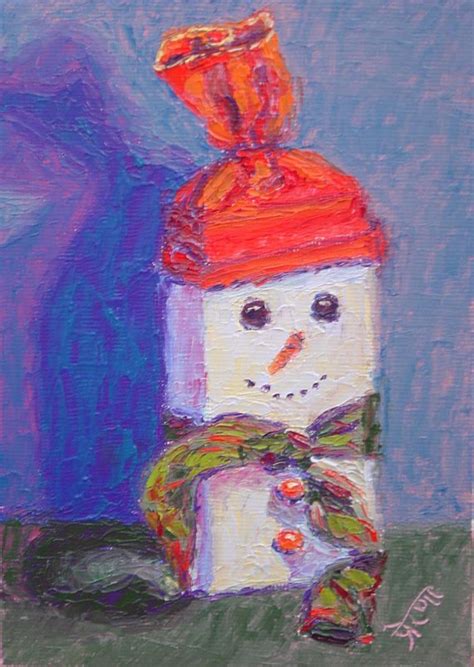 Happy Snowman Original 7x5 Inches Palette Knife Oil Painting By