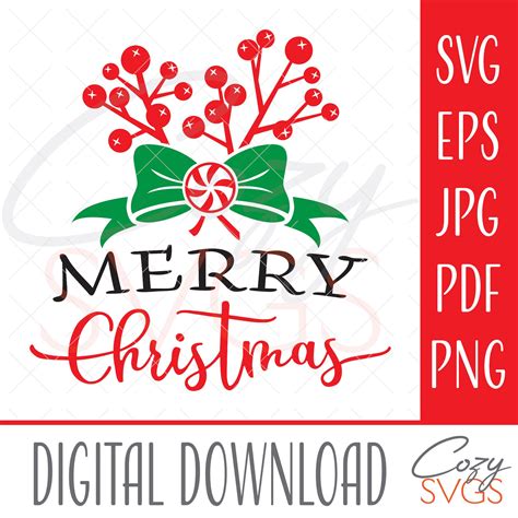 Merry Christmas Svg Cut File Svg File Berries Bow Candycane Etsy Uk