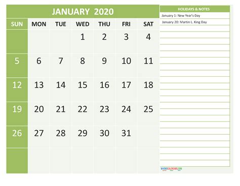 January 2020 Calendar With Holidays Free Printable