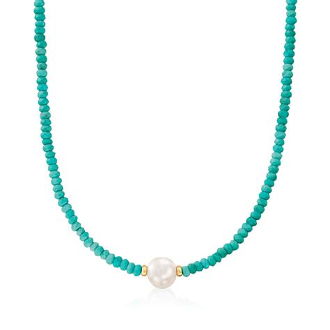 Turquoise Bead And 12 13mm Cultured Pearl Necklace In 14kt Yellow Gold