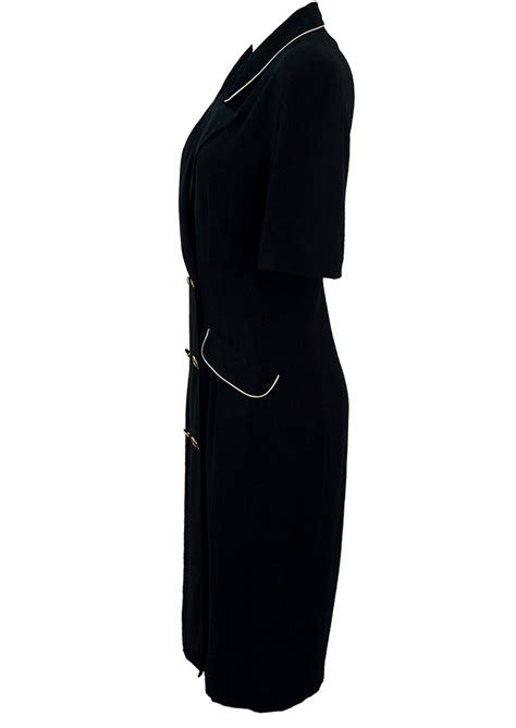 Navy Blue Double Breasted Midi Dress With White Piping And Decorative Buttons M Reign Vintage
