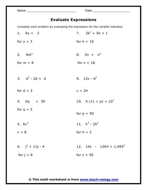 Algebraic Expressions Grade 7 Worksheet