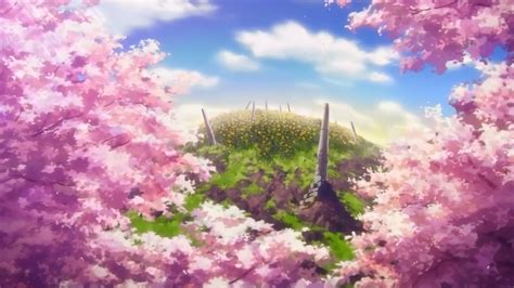 Clouds Cherry Blossoms Hills Anime Cherry Tree Sun Rays
