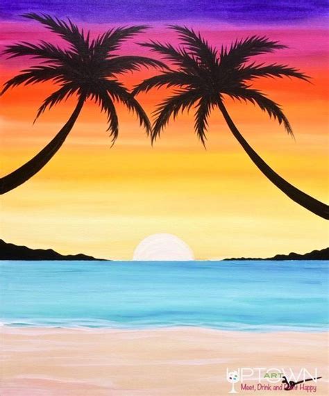 A Painting Of Two Palm Trees In Front Of The Ocean With A Sunset Behind