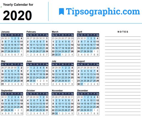 2020 Yearly Calendar Excel Tipsographic