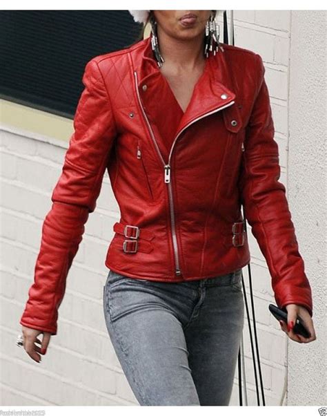 Kay Michael Style Red Womens Moto Lambskin Real Leather Jacket The