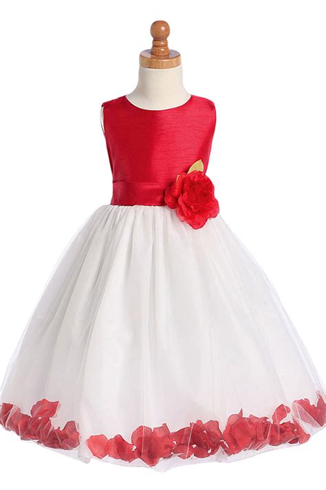 Red Shantung And White Tulle Blossom Flower Girl Dress With Floating