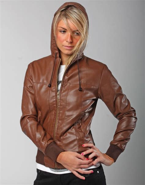 Womens Vintage Brown Faux Hooded Leather Bomber Jacket