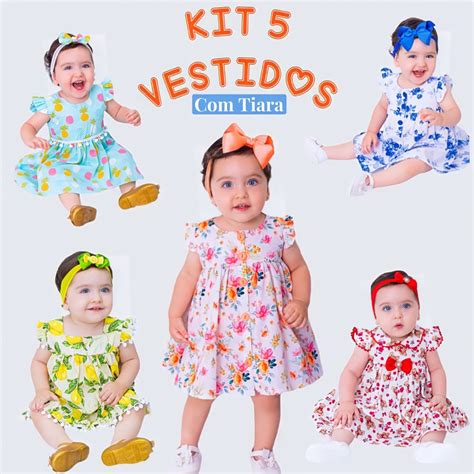 Kit 5 Vestido De Bebê Menina Infantil Luxo Com Tiara 100 Algodão 2