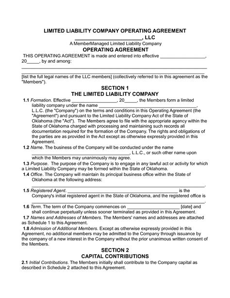 A Printable Operating Agreement Is Shown In This Image