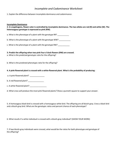 Incomplete Dominance And Codominance Worksheets