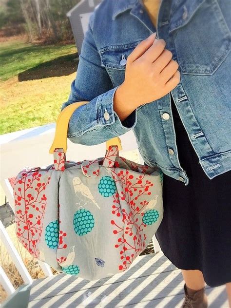 Wooden Handle Tote Bag Made With Echino Fabric Ballon Shape Etsy