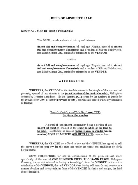 Deed Of Absolute Sale A Sample Deed Civil Law Legal System