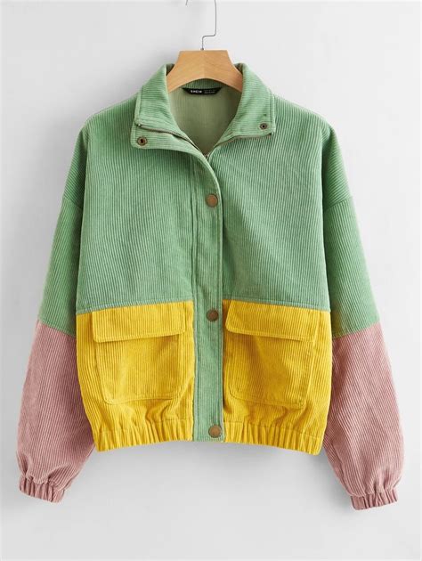 Shein Flap Pocket Colorblock Cord Jacket Block Clothes Clothes