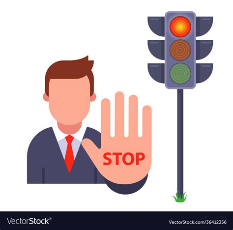 Man Shows Stop Gesture At Red Traffic Light Vector Image