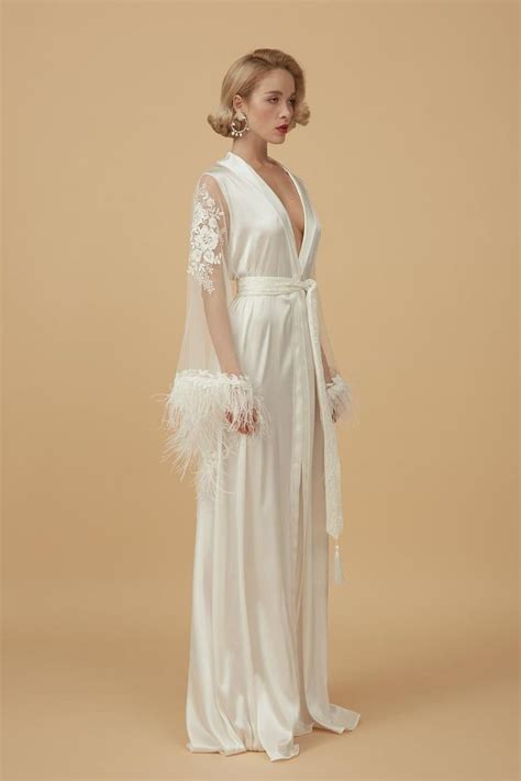long bridal robe f50 pure silk bridal robe with ostrich etsy long bridal robe lace bridal