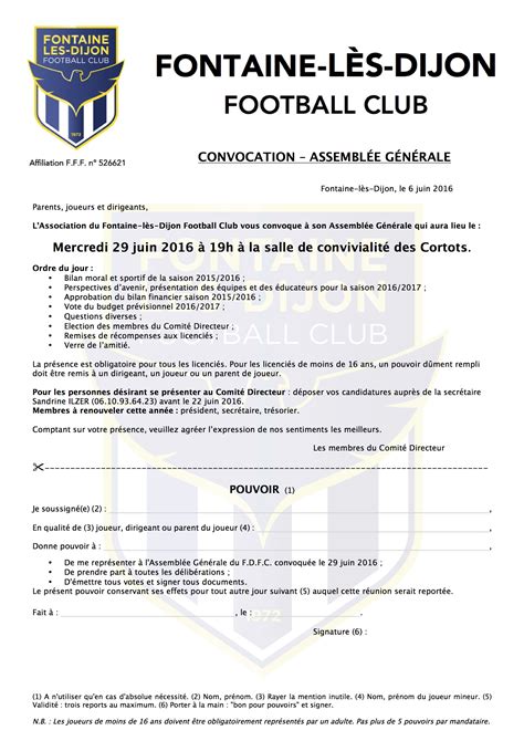 Actualité AssemblÉe GÉnÉrale Club Football Fontaine Les Dijon