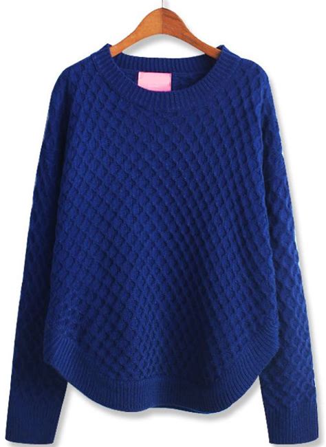 Blue Long Sleeve Diamond Patterned Loose Sweater Us2656 Fashion