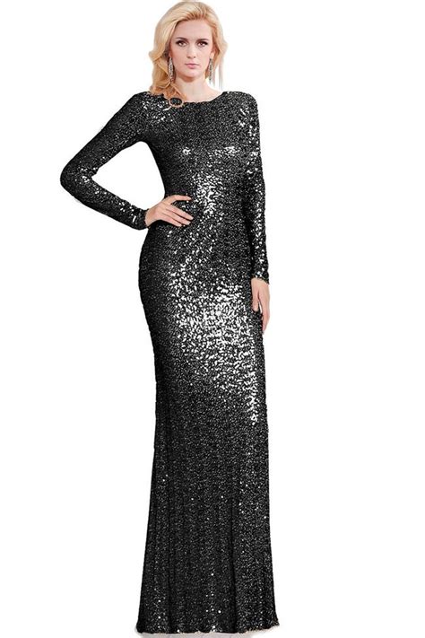 Modest High Neck Long Sleeve Black Sequin Evening Prom Dress