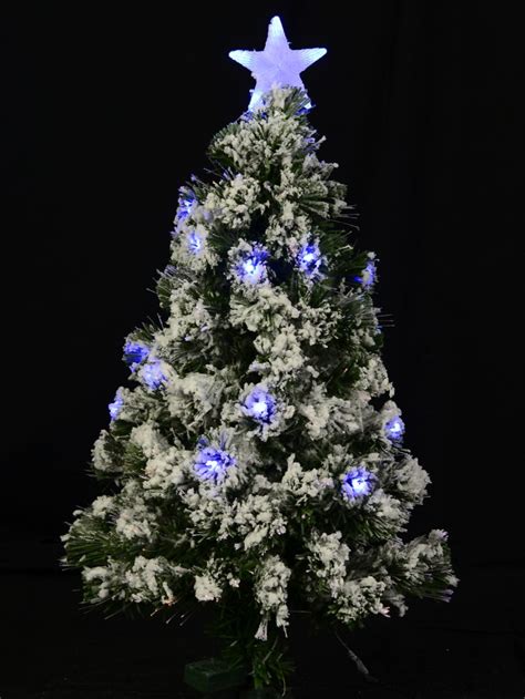 Snow Covered Christmas Tree With Led Star Topper Fiber Optics And Warm
