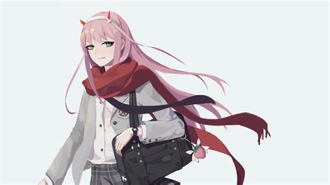 Darling In The Franxx Zero Two Wearing Uniform And Red Scarf With White